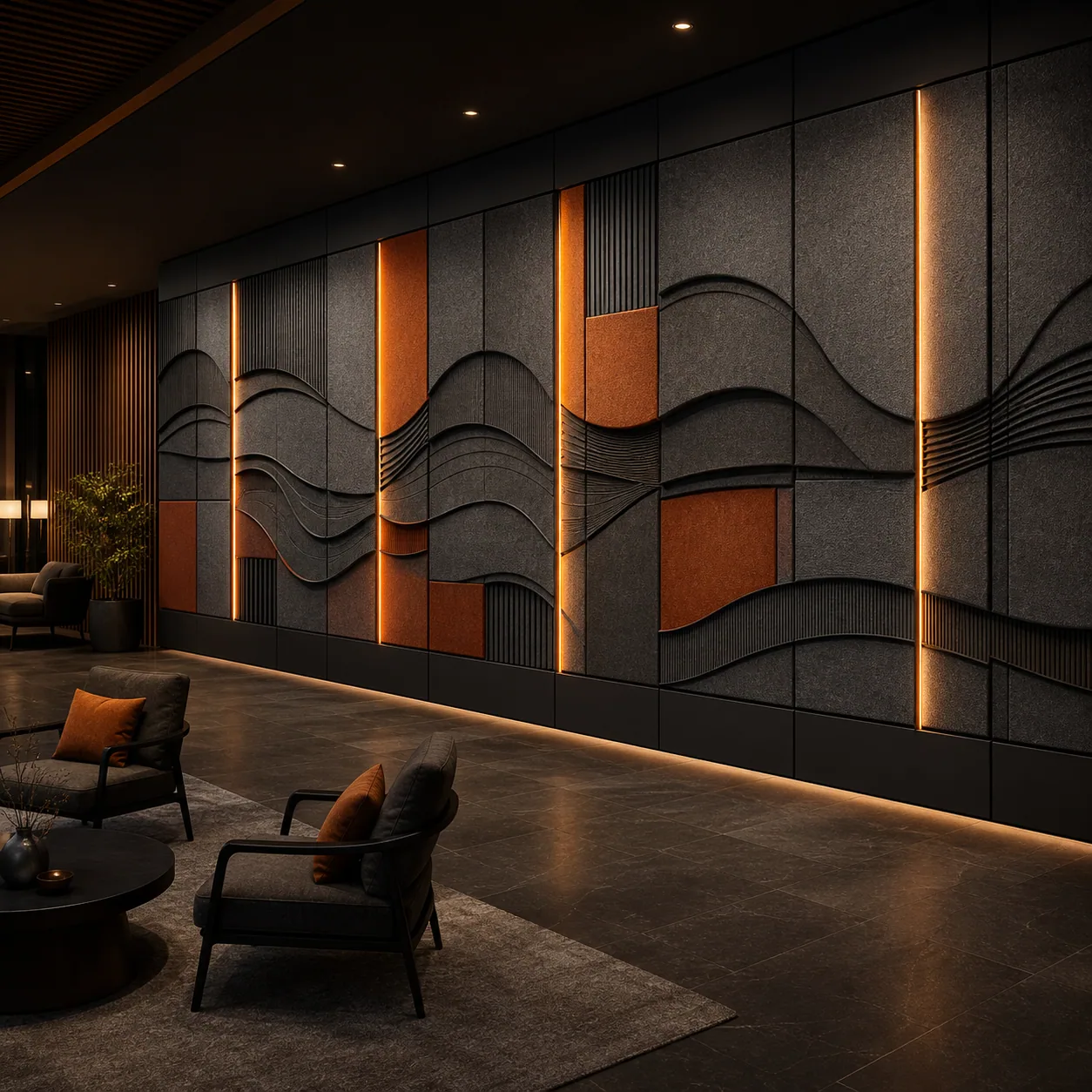 Concept render of the Gallery Light and Acoustic Installation across a dark hospitality wall