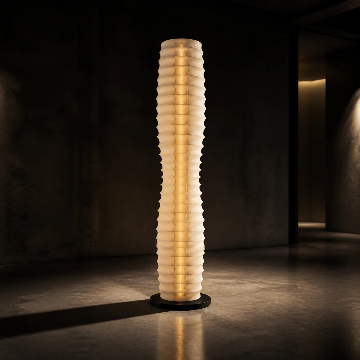 Concept render of the Halo Floor Totem illuminated in a dark gallery interior