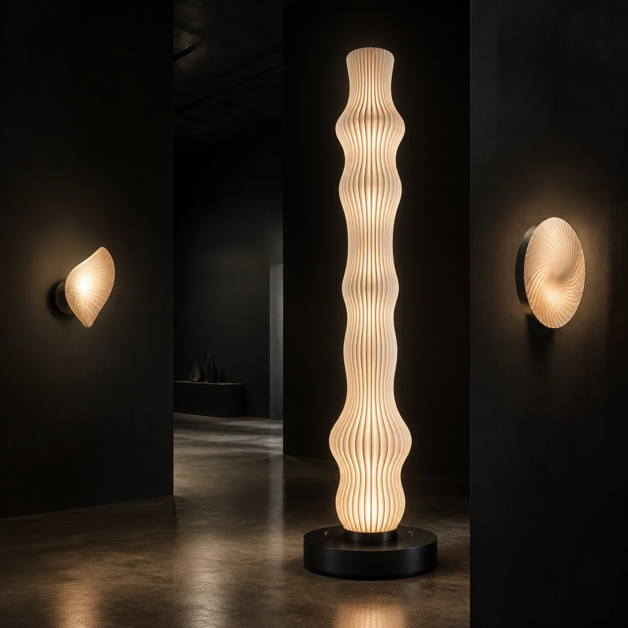 Pre-launch concept poster showing sculptural lights in a volumetric gallery setting