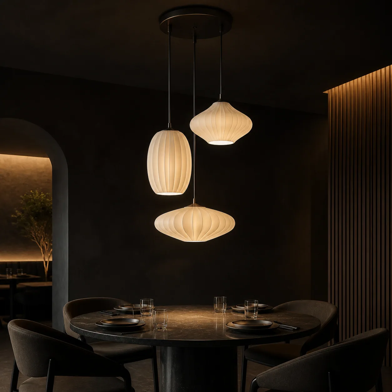 Concept render of the Pendant Constellation above a restrained hospitality table