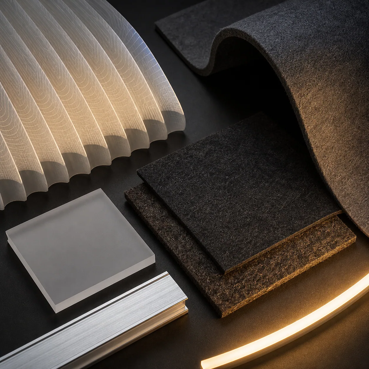 Concept render of charcoal acoustic felt, translucent polymer, aluminium, and warm light material samples