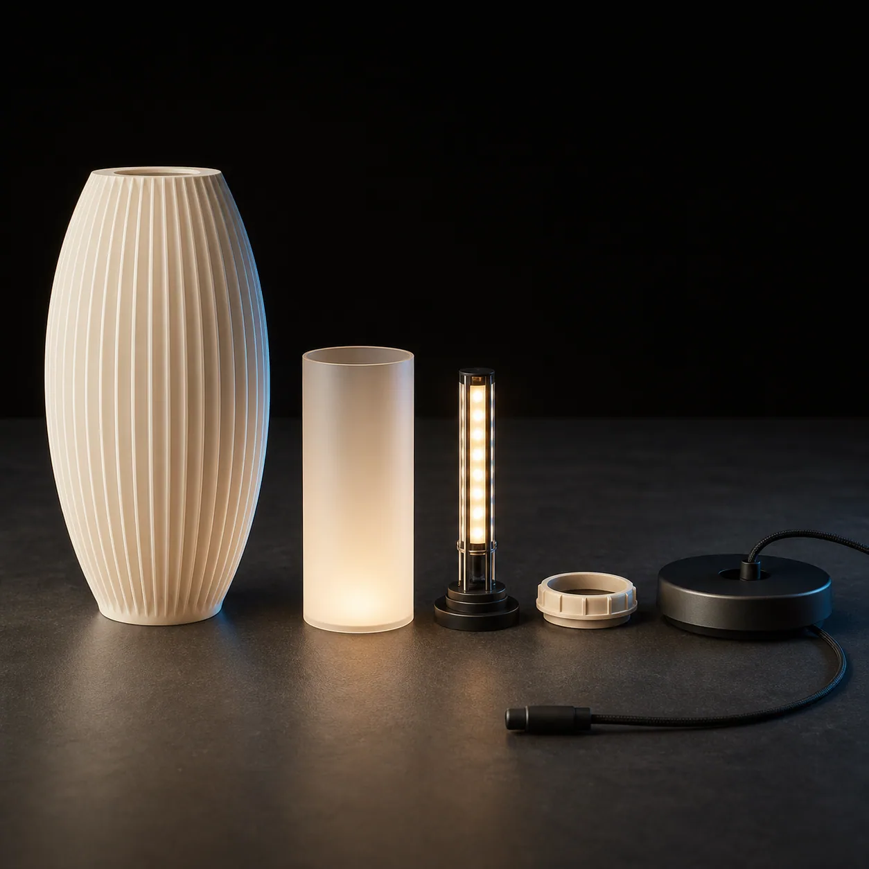 Concept render of a sculptural lamp exploded into its shell, diffuser, and replaceable low-voltage core