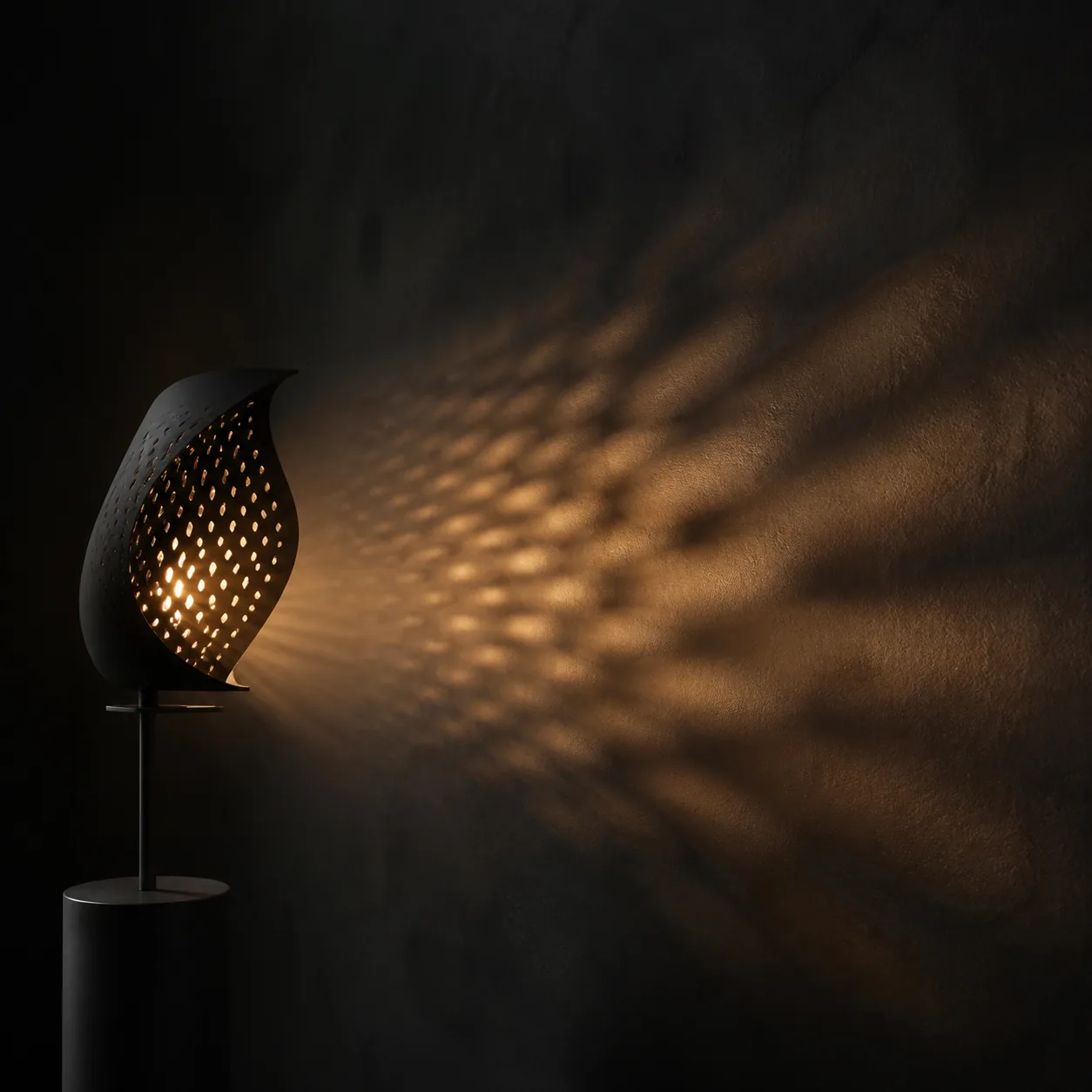 Concept render of a sculptural light aperture study casting volumetric shadow across a dark wall