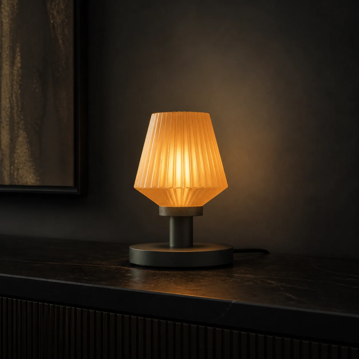 Concept render of the Interchangeable Shade Study with a warm amber ribbed shell