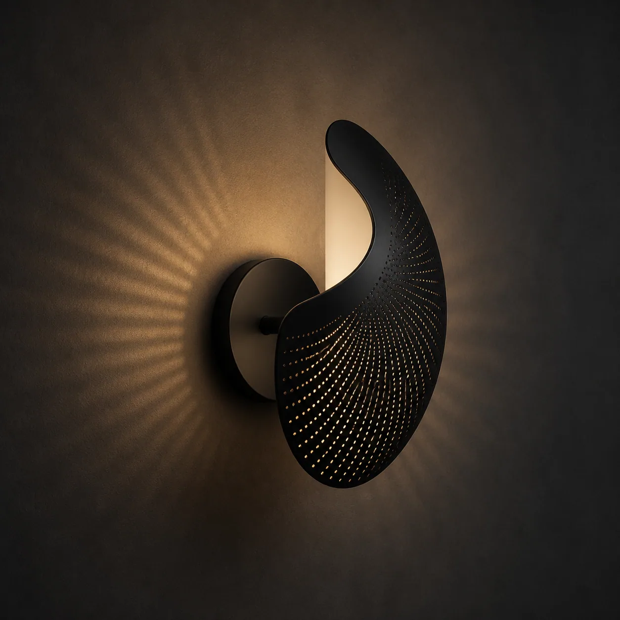 Concept render of the Shadow Arc Sconce mounted in a dark gallery wall setting