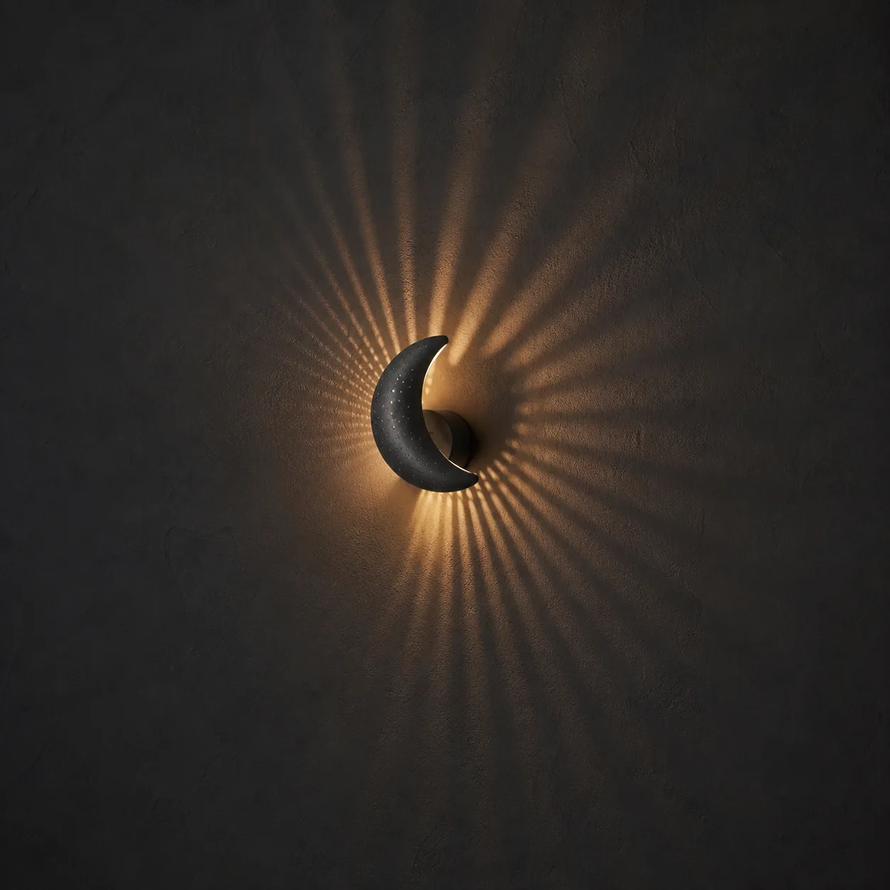 Concept render of a sculptural sconce projecting a radial aperture shadow