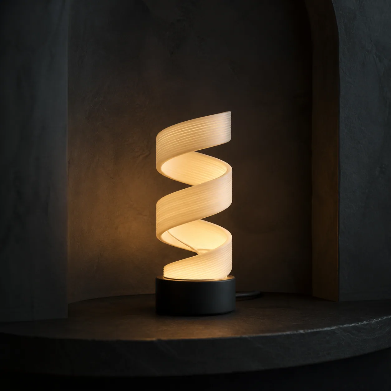 Concept render of the Parametric Spiral Accent illuminated in a dark gallery alcove