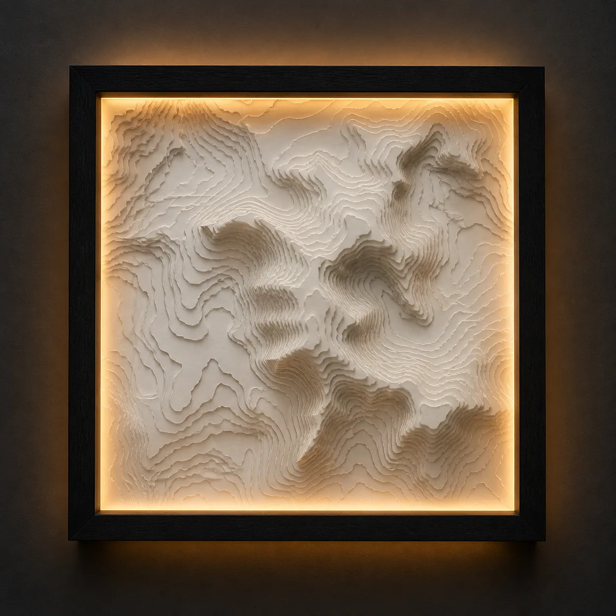 Concept render of the Topographic Afterglow Panel showing layered terrain from the front